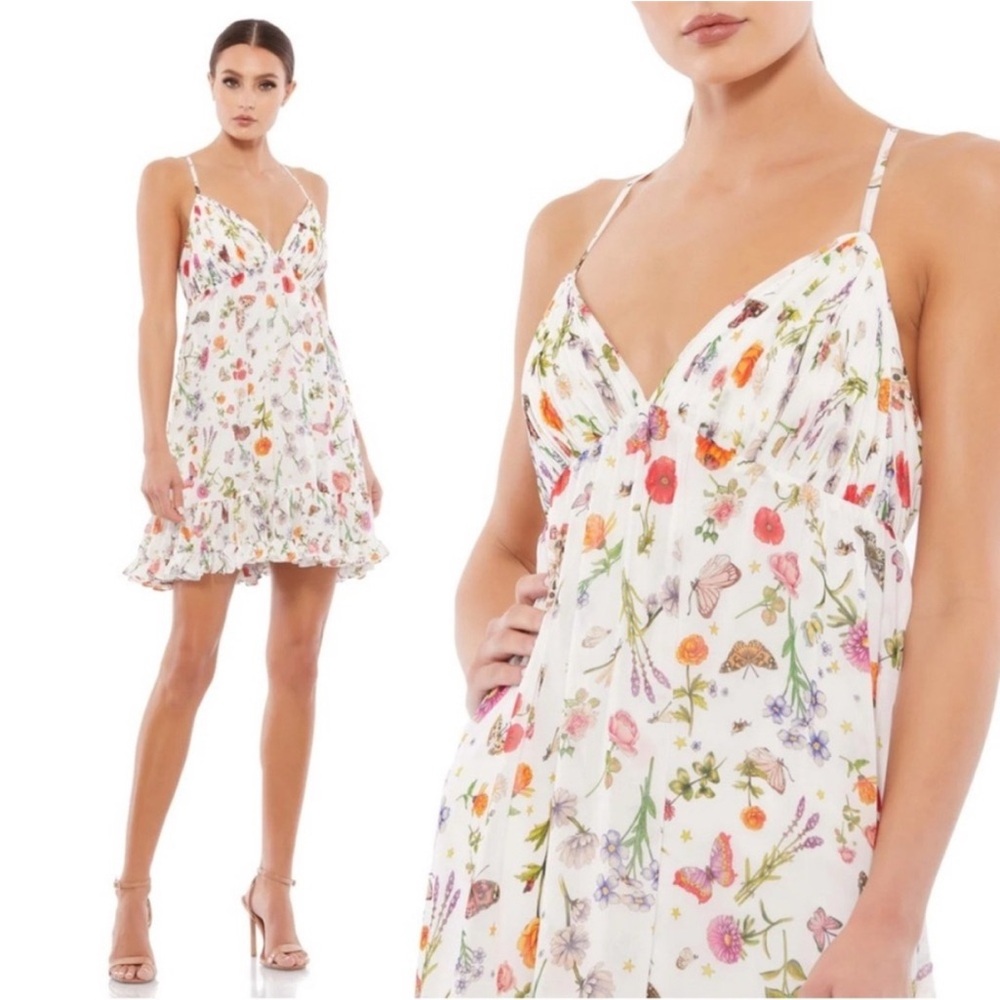 NWT Ieena for Mac Duggal 70197 White Butterfly Floral Ruffle Mini Dress|SZ 2, 4